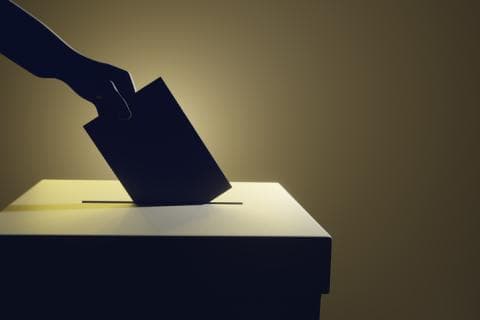 A shadowy hand casts a vote in a ballot box